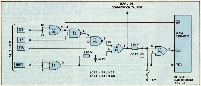 Figura 4: Detalle de los puntos de soldadura a realizar sobre el circuito de bloqueo de los 32 K bytes de extensión de RAM.